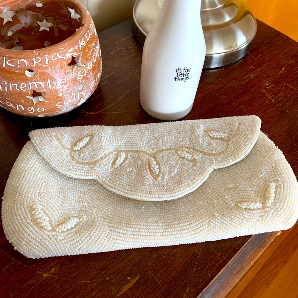 Vintage Ivory Beaded Evening Clutch Bag